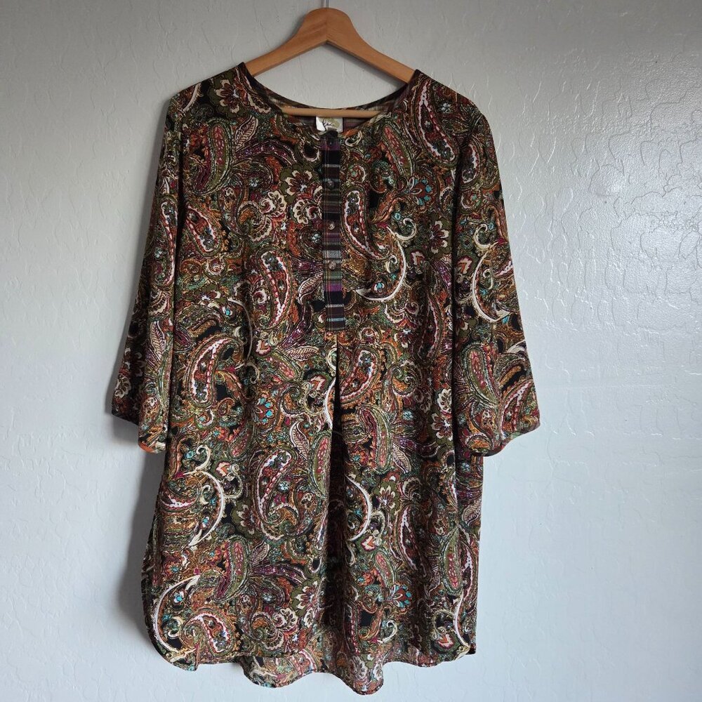 Anthropologie Fig & Flower Plaid Paisley Tunic Top 2X Brown 3/4 Sleeve Boho Fall